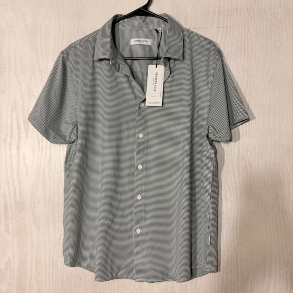 Kenneth Cole Button Down Men Medium Green NEW Gingham Techni-Cole Stretch Shirt